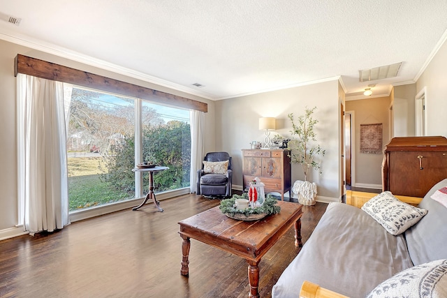 living room with hardwood / wood-style floors, a textured ceiling, and ornamental molding