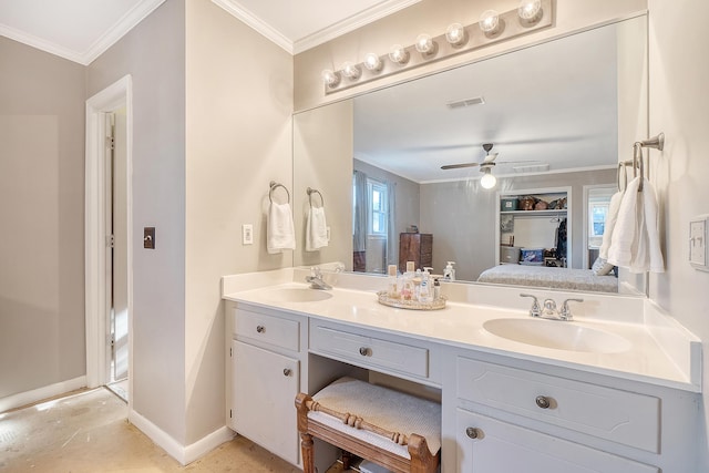 bathroom with ceiling fan, crown molding, and vanity