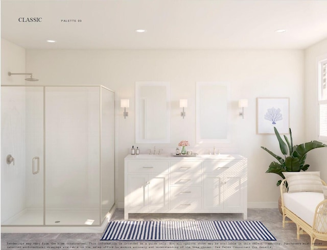 bathroom featuring an enclosed shower and vanity