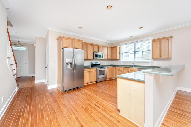 2301 N Creek Dr, Mount Pleasant, SC 29466 - kitchen with stainless steel appliances, ornamental molding, a peninsula, baseboards, and a sink