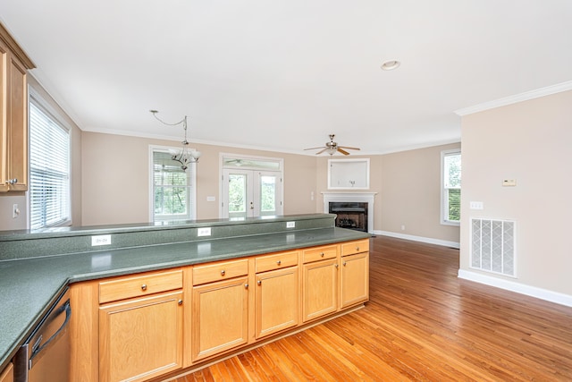2301 N Creek Dr, Mount Pleasant, SC 29466 - kitchen with stainless steel dishwasher, dark countertops, a fireplace, crown molding, and a ceiling fan