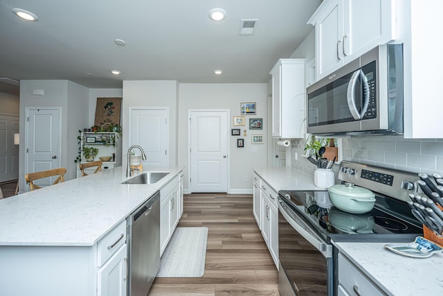 kitchen featuring visible vents, a sink, decorative backsplash, white cabinets, and appliances with stainless steel finishes