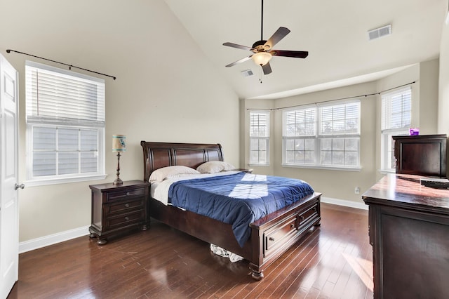 bedroom featuring dark wood finished floors, visible vents, multiple windows, and baseboards