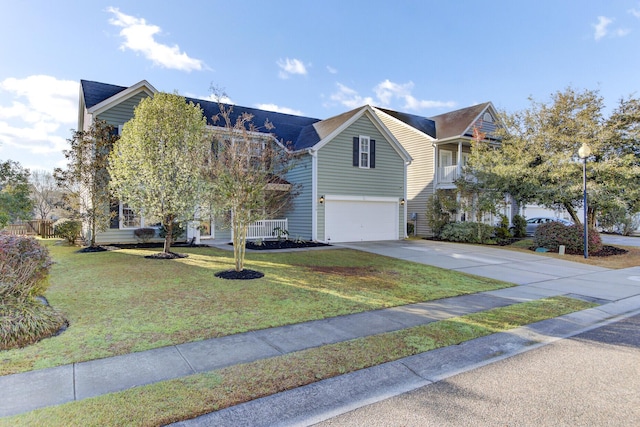 view of front of home with driveway, a front lawn, and an attached garage