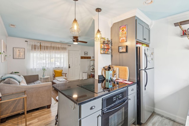 kitchen with light hardwood / wood-style flooring, ceiling fan, crown molding, and black appliances