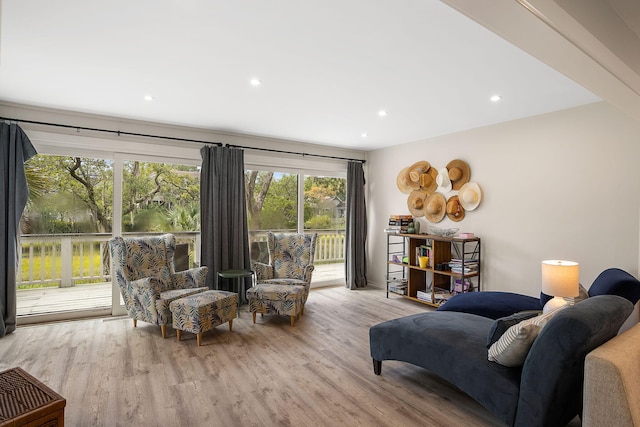 living area with wood finished floors and recessed lighting