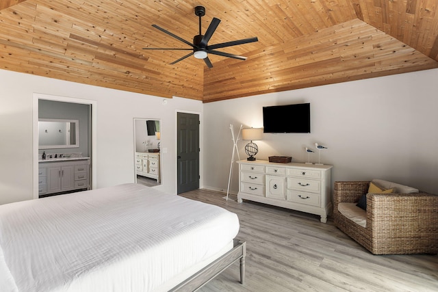 bedroom with lofted ceiling, ensuite bathroom, a ceiling fan, wood ceiling, and light wood-type flooring