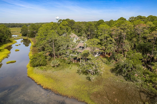 bird's eye view featuring a water view and a wooded view