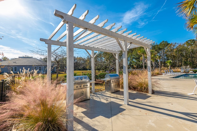 view of patio / terrace with a pergola, a fenced in pool, and area for grilling