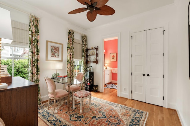 18 Fernandina St, Mount Pleasant, SC 29464 - dining space featuring light wood-type flooring, a ceiling fan, crown molding, and baseboards