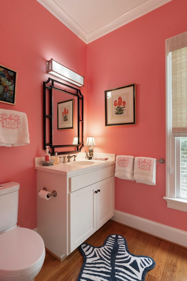 18 Fernandina St, Mount Pleasant, SC 29464 - half bathroom with vanity, wood finished floors, toilet, crown molding, and baseboards