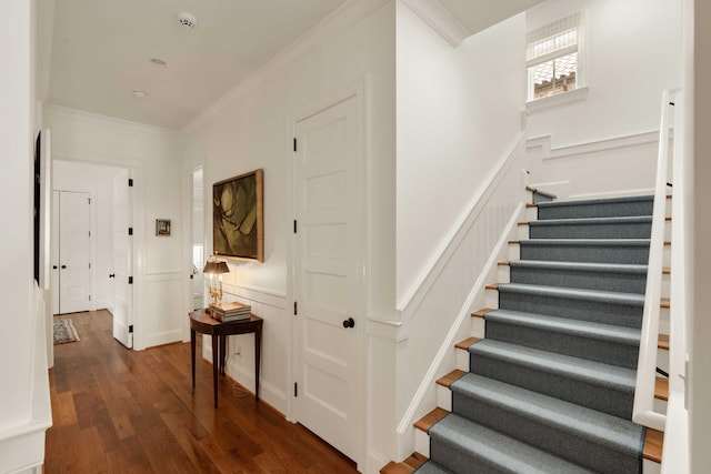 18 Fernandina St, Mount Pleasant, SC 29464 - stairs featuring crown molding, wood finished floors, a decorative wall, and a wainscoted wall