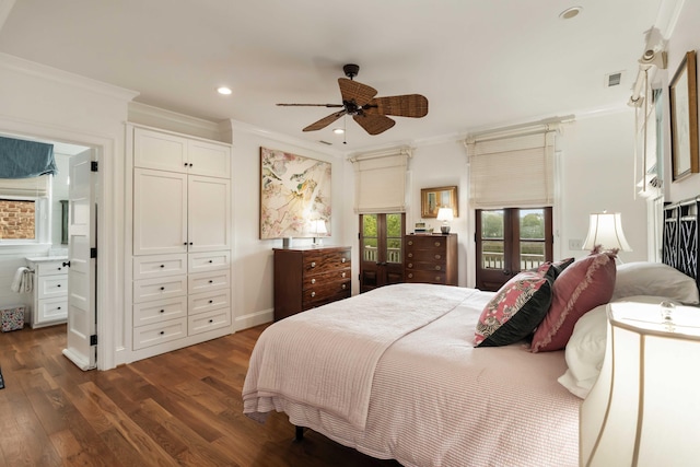 18 Fernandina St, Mount Pleasant, SC 29464 - bedroom featuring crown molding, dark wood-style flooring, recessed lighting, access to exterior, and connected bathroom
