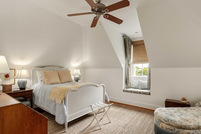 18 Fernandina St, Mount Pleasant, SC 29464 - bedroom featuring lofted ceiling, baseboards, wood finished floors, and ceiling fan