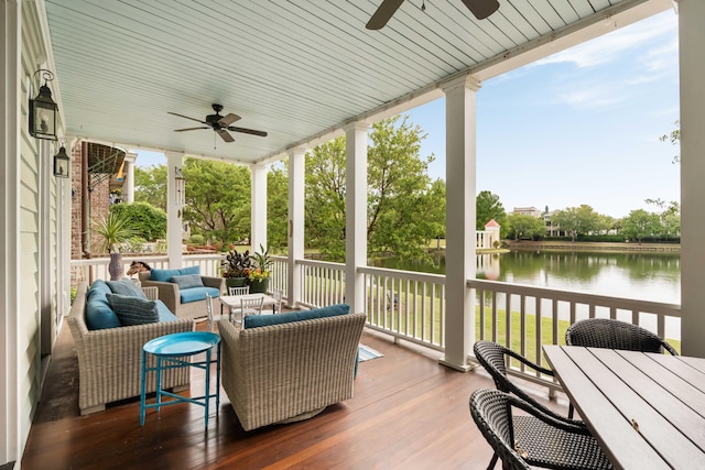 18 Fernandina St, Mount Pleasant, SC 29464 - deck featuring ceiling fan, outdoor lounge area, a water view, and outdoor dining area