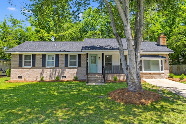 300 Oklahoma Pl, Ladson, SC 29456 - ranch-style home featuring crawl space, a porch, brick siding, a chimney, and roof with shingles