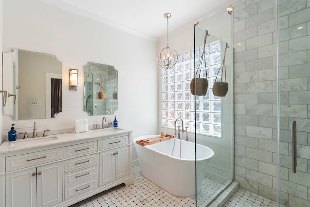814 Rutledge Ave, Charleston, SC 29403 - full bath featuring a shower stall, a freestanding tub, double vanity, a chandelier, and ornamental molding
