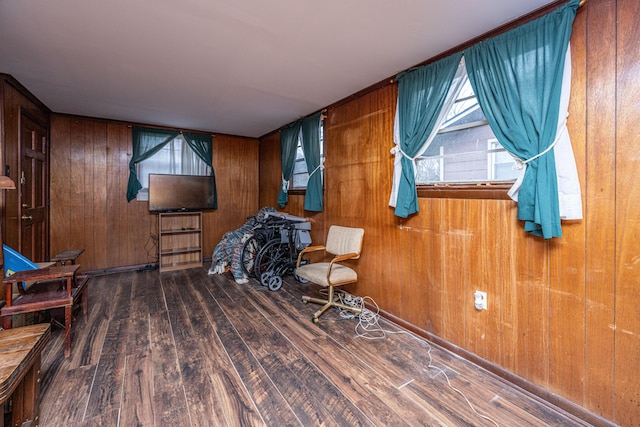 interior space with wood walls and dark wood finished floors