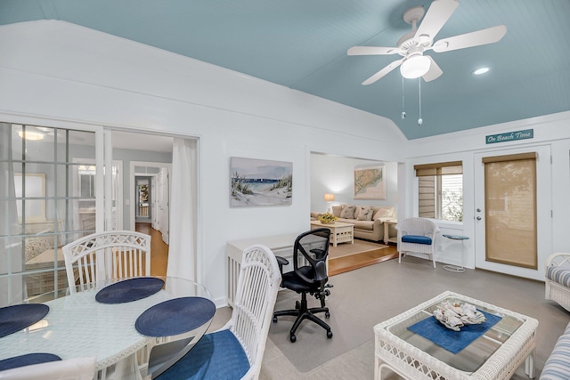 office area with lofted ceiling and a ceiling fan