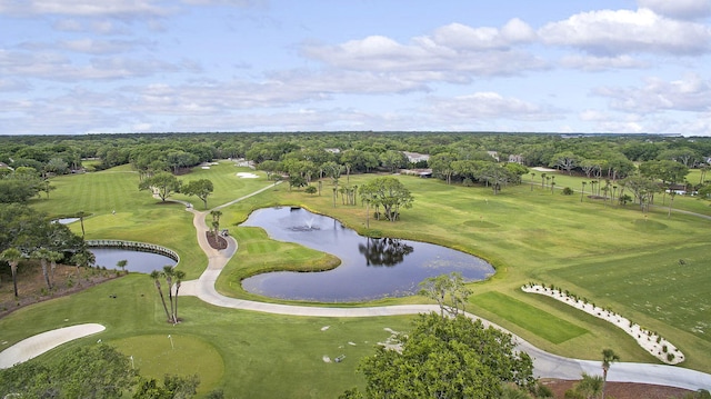 aerial view with view of golf course and a water view