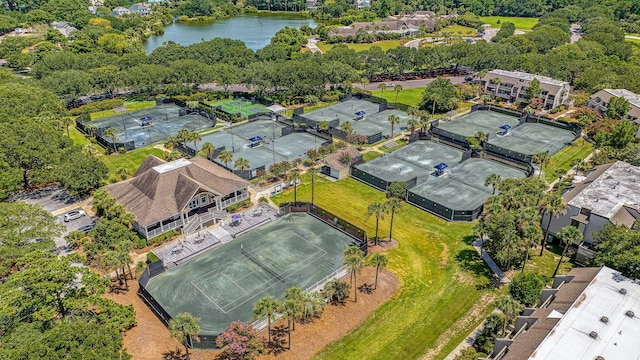 drone / aerial view with a water view