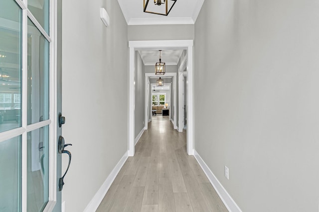 corridor featuring ornamental molding, light hardwood / wood-style flooring, and an inviting chandelier