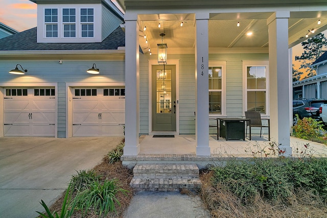 exterior entry at dusk with covered porch and a garage