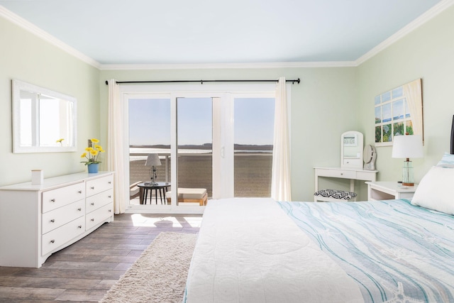 bedroom with access to exterior, crown molding, and dark wood-style flooring