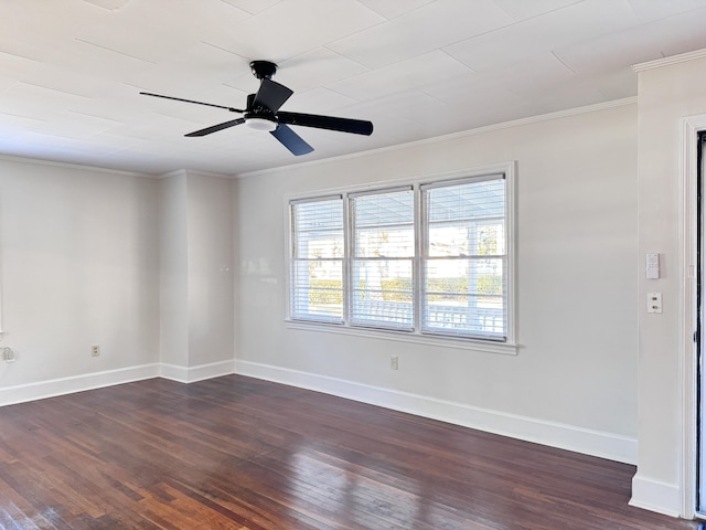 unfurnished room featuring ceiling fan, dark hardwood / wood-style floors, and ornamental molding