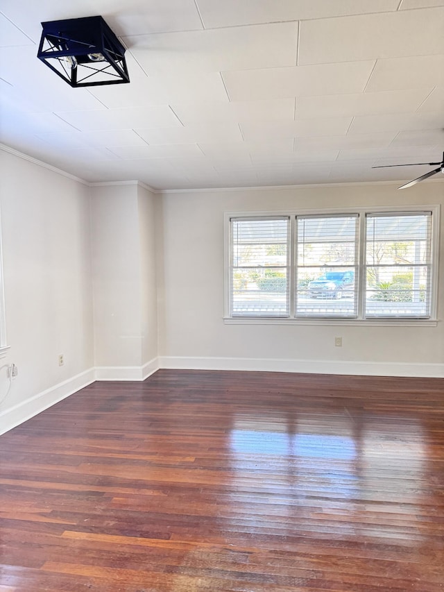 unfurnished room with dark hardwood / wood-style floors, plenty of natural light, ornamental molding, and ceiling fan