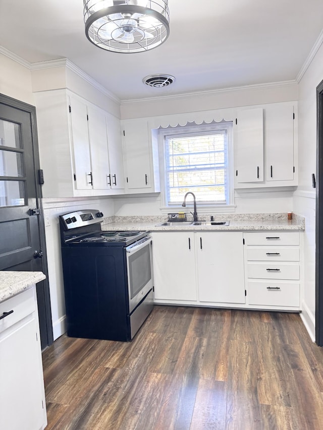 kitchen with white cabinets, stainless steel range with electric stovetop, and sink