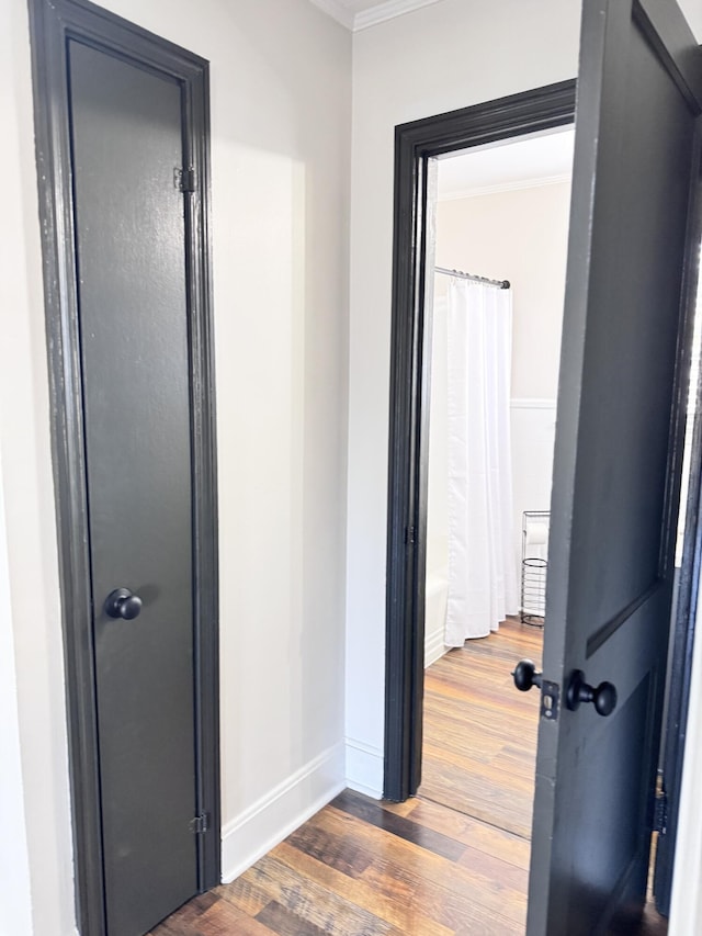 corridor with crown molding and dark wood-type flooring