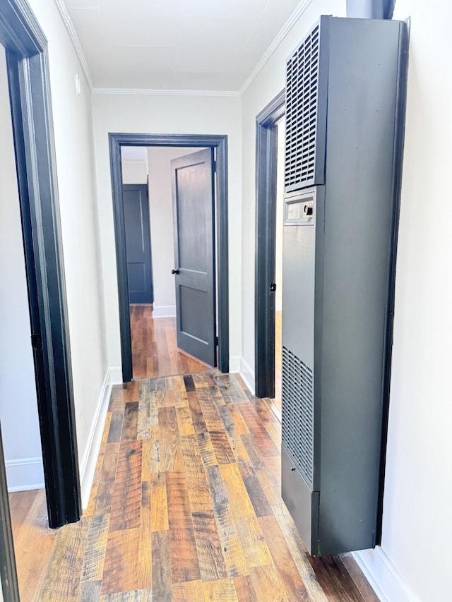 corridor featuring hardwood / wood-style flooring and crown molding