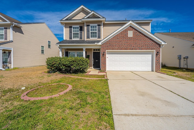 view of front of property featuring an attached garage, brick siding, driveway, and a front lawn