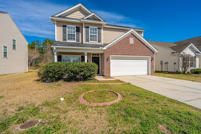 traditional-style home with driveway, a garage, a front lawn, and brick siding