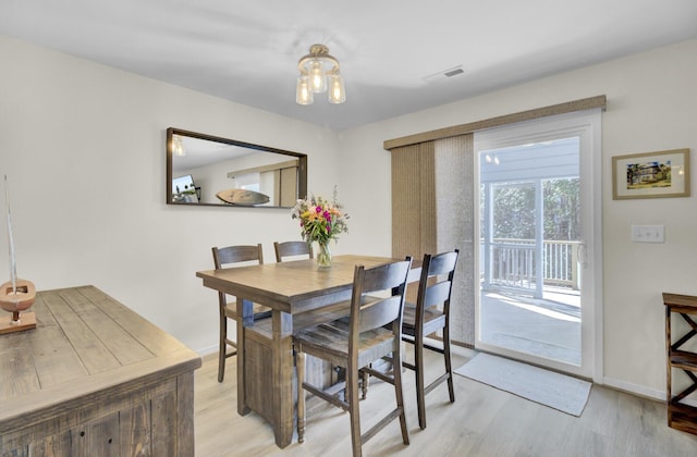 dining space featuring visible vents, baseboards, and light wood-style floors