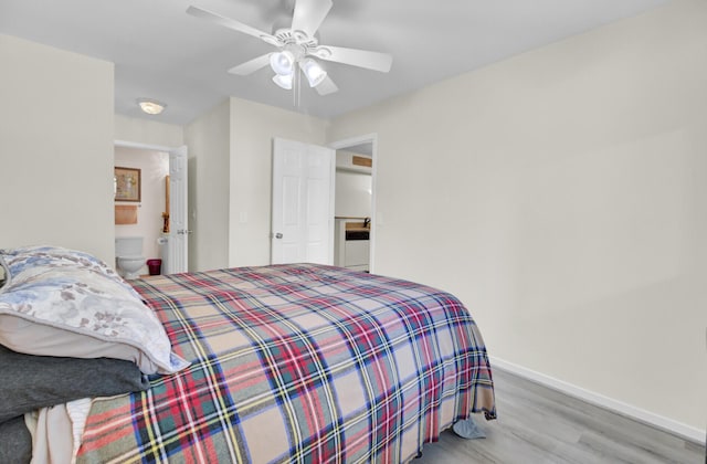 bedroom featuring wood finished floors, baseboards, and ceiling fan