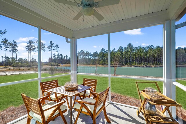 sunroom / solarium featuring ceiling fan and a water view