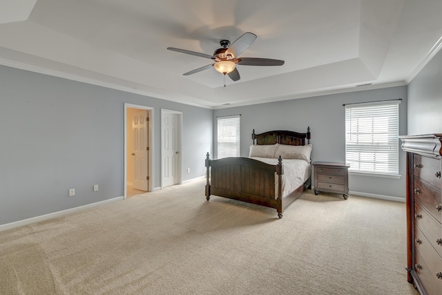 5105 Parrum Ct, Summerville, SC 29485 - bedroom featuring a tray ceiling, light carpet, ornamental molding, multiple windows, and ceiling fan