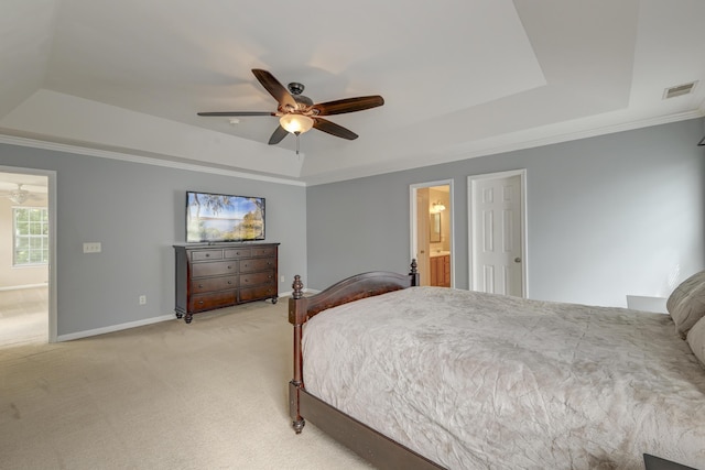 5105 Parrum Ct, Summerville, SC 29485 - bedroom with a raised ceiling, light colored carpet, ornamental molding, and ceiling fan