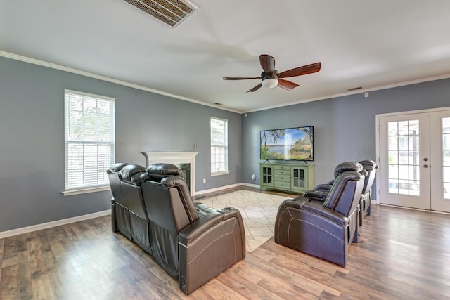 5105 Parrum Ct, Summerville, SC 29485 - living area with ceiling fan, wood finished floors, crown molding, french doors, and a fireplace