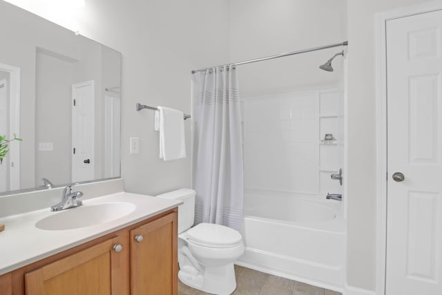 full bath featuring shower / bath combo with shower curtain, vanity, toilet, and tile patterned floors