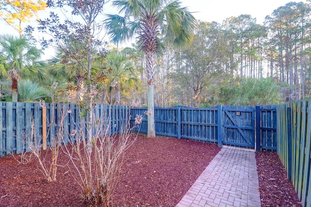 view of yard with a gate and a fenced backyard