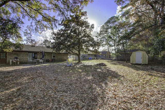 view of yard featuring a storage unit