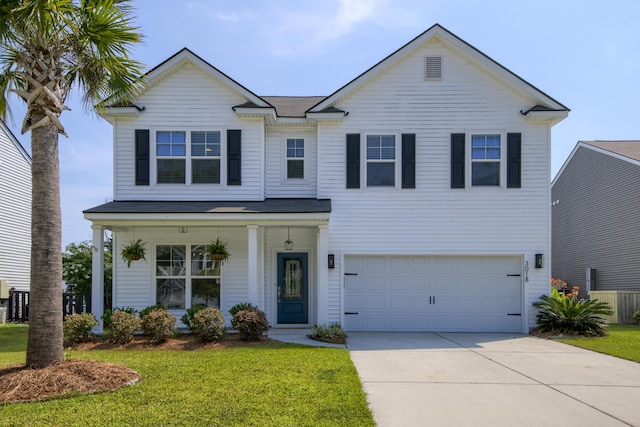 3018 Vincent Astor Dr, Johns Island, SC 29455 - traditional home featuring concrete driveway, an attached garage, a front lawn, and covered porch