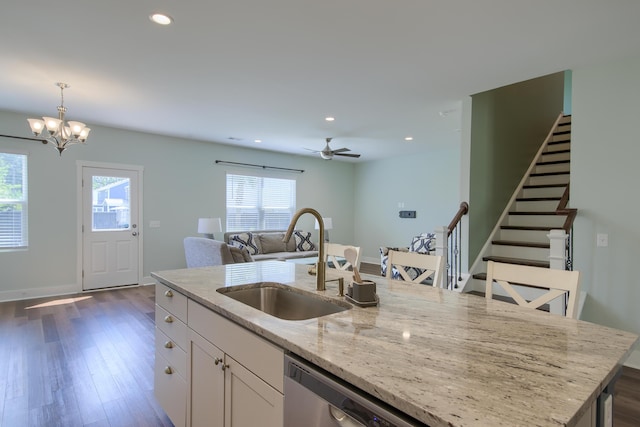 3018 Vincent Astor Dr, Johns Island, SC 29455 - kitchen featuring white cabinets, a kitchen island with sink, dark wood-style floors, open floor plan, and recessed lighting
