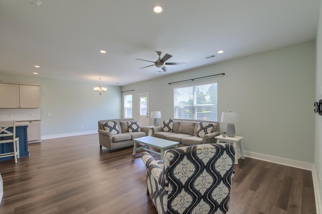 3018 Vincent Astor Dr, Johns Island, SC 29455 - living area featuring a ceiling fan, a chandelier, recessed lighting, and dark wood-type flooring