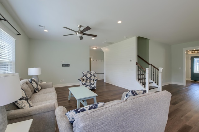 3018 Vincent Astor Dr, Johns Island, SC 29455 - living area with stairway, wood finished floors, a ceiling fan, and recessed lighting