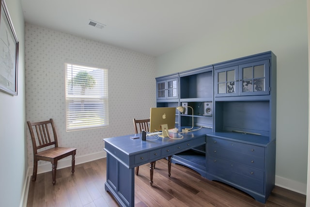3018 Vincent Astor Dr, Johns Island, SC 29455 - office area with wallpapered walls and wood finished floors