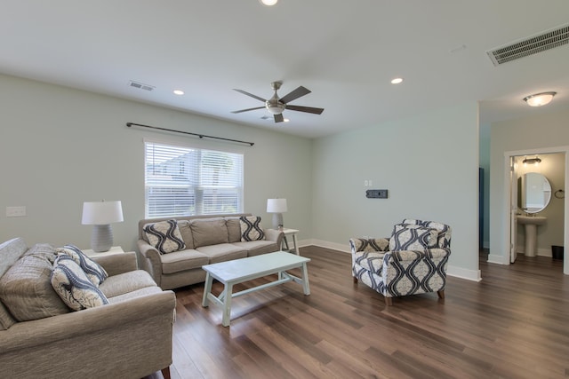 3018 Vincent Astor Dr, Johns Island, SC 29455 - living room with dark wood-style floors, a ceiling fan, and recessed lighting